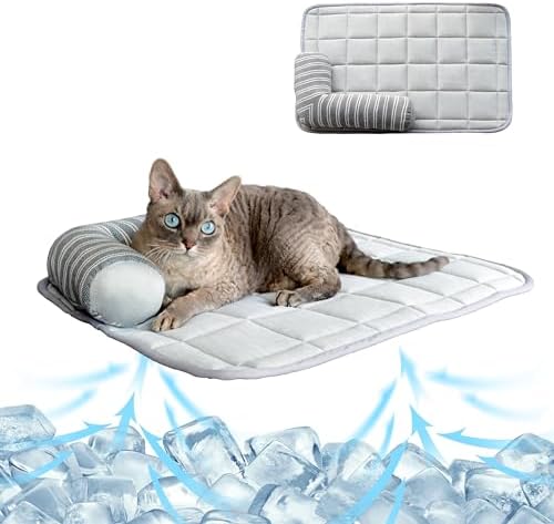 Pet Self Thin Cooling Mat with Cotton and Linen Canvas Pillowcase, Summer Ice Pads for Cats & Small Dogs, Grey, 22″X19″