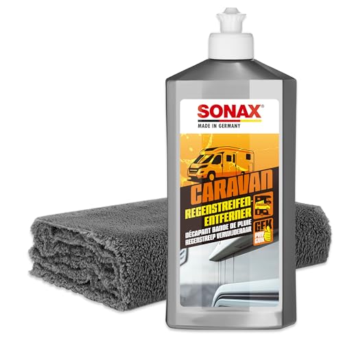 Wohnmobil Regenstreifen Entferner Set | Sonax Caravan Regenstreifenentferner 500ml + Mikrofasertuch | schleifmittelhaltiger Intensivreiniger zur Entfernung von Regenstreifen auf Lack und GfK