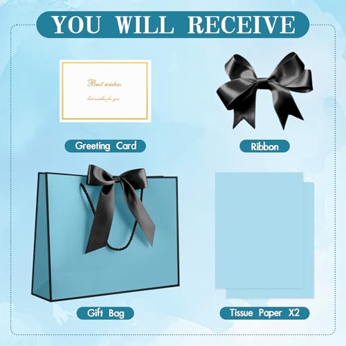 Image of JMANNI Gift Bags with Handles, 13 inch Medium Gift Bag for Presents, 1 Pcs Bags with 2 Tissue Paper and 1 Cards for Graduation Baby Shower Wedding Fathers Day Mother's Day Birthday Party (Bule-Blcak