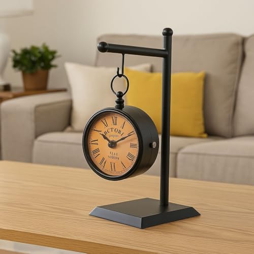 Image of 14 inch | Vintage London Station Table Clock Antique Black | Wood Iron & Glass Analog Desk Clock Home Decor