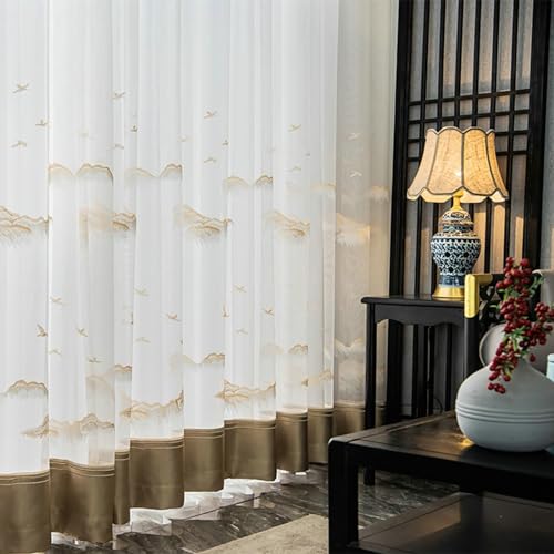 BCughia Voile Sheer Curtains 72 inch Long 2 Panels, Landscape Ink Painting Pinch Pleat Window Curtains for Living Room Bedroom Each Panel 40" W x 72" L, Beige Brown