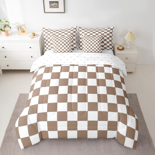 Image of Erosebridal Geometric Checkered Twin Bed in A Bag 7 Piece White Khaki Checkerboard Grid Bedding Set,Buffalo Plaid Gingham Comforter Set with Sheet for Kids Adults Men Geometrical Bed Set