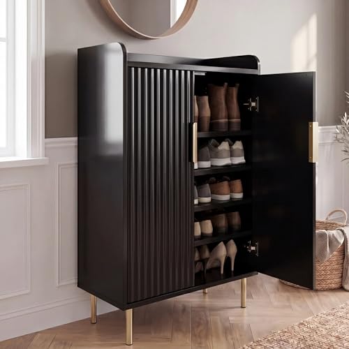 Blisswood Shoe Cabinet with Doors Fluted Wooden Shoe Storage Cabinet Cupboard 5-Tier Shoe Rack with Adjustable Shelves Metal Legs & Handles Living Room Hallway Entryway Black 36Dx 60Wx 105H cm