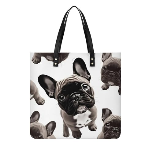 Sac à main bouledogue français en cuir imperméable grand cabas blanc 39x39 cm