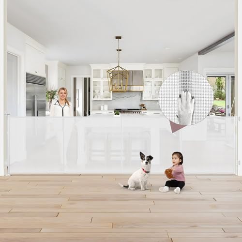 Reinforced 41" Extra Tall Pet Gate 150" Extra Wide Retractable Baby Gate with Support Rods, Indoor Extra Long Baby Gates for Large Openings Outdoor Retractable Gate Baby Fence for Living Room, White