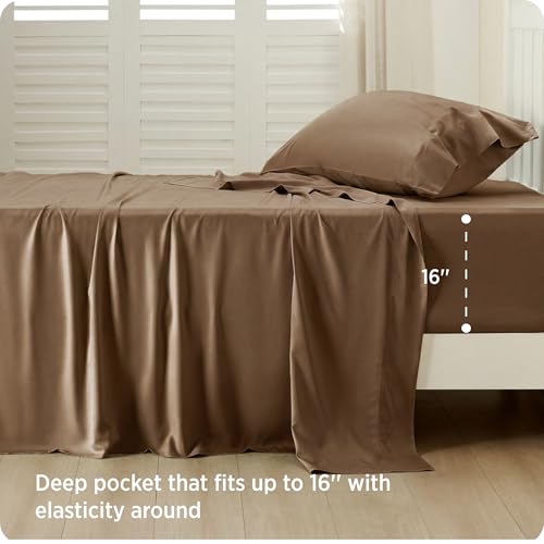 Image of Bedsure Cooling Sheets Twin, Rayon Derived from Bamboo, PureWoven, Breathable & Soft Twin Sheets Set, Deep Pocket Up to 16 Inches, Hotel Luxury Silky Bedding for Hot Sleepers, Coffee