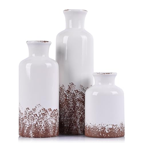 Image of Gray Ceramic Vase Set - 3 Grey Small Vases, Farmhouse Country Flower Vase Home Decor, Living Room Decoration, Table Decoration, Fireplace Decor, and Entrance Decorations Centerpieces