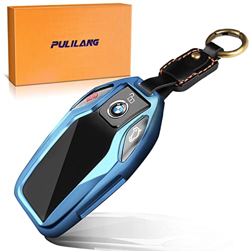 Pulilang Carcasa para llave de coche, aleación de aluminio, accesorios con llavero, para B-MW LCD Smart Mando a distancia 1, 3, 5, 7, series, X1, X3, X4, X5, X6, X7, etc. Azul cielo Cover