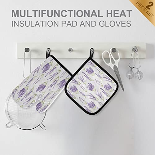 Provence Lavender Spring Flowers Oven Mitts And Pot Holders Purple France Floral Cooking Gloves Kitchen Trivet Mats 2-Piece Set Non-Slip Heat Resistant Pad For Baking Bbq Home Decor #TOP2