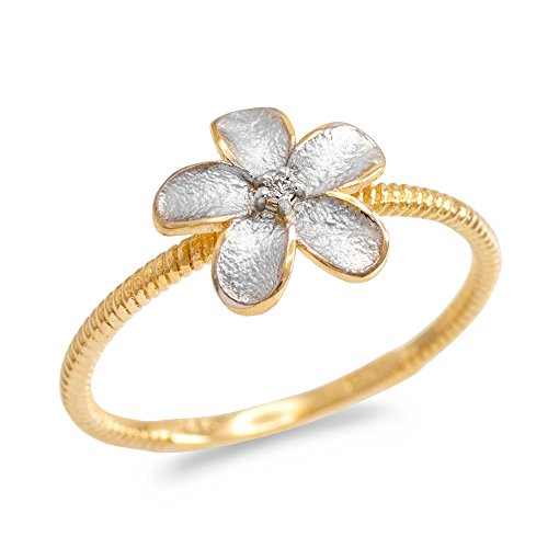 10k Two-Tone Gold Solitaire Diamond Rope Band Hawaiian Plumeria Flower Ring