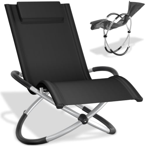 Tectake® Tumbona Plegable Con Función Balancín, Ergonómica Para Playa y Piscina, Acero y Textileno, Jardín Exterior, Protección Antivuelco, Carga Máx. 150 kg, Fácil Montaje   Negro