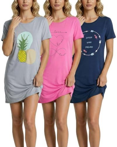 Image of Real Essentials 3 Pack: Women's Short Sleeve Nightgown Dress - Nightshirt Pajama Sleep Shirt Sleepwear (Available in Plus)