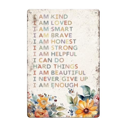 YOYI ART Girls Bedroom Decor Nursery Decor Metal Tin Signs I Am Kind I Am Brave Affirmations For Kids, Inspirational Quote Baby Room Decor, 12x8 Inches Girls Wall Decor for Bedroom