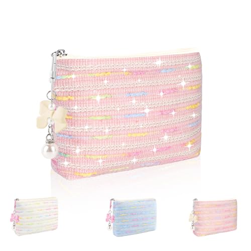 Playexen Mini Makeup Bag, Small Bow Tie Cosmetic Bag for Purse with Keychain, Portable XS Travel Makeup Pouch for Daily Use (Colorful Lines-Pink)