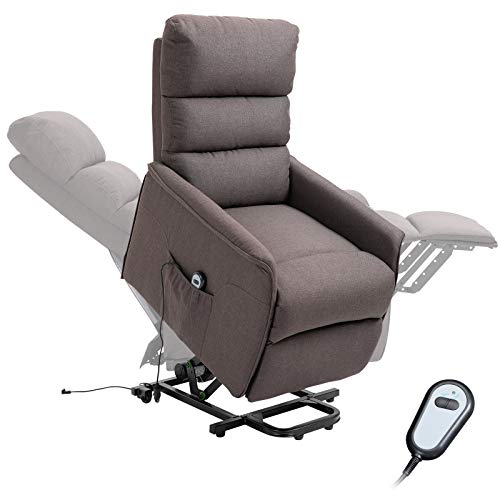 HOMCOM Power Lift Assist Recliner Chair for Elderly with Wheels and Remote Control, Linen Fabric Upholstery Brown