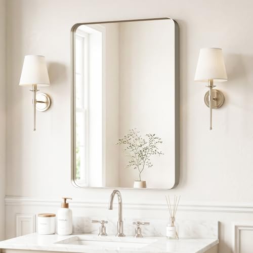 Image of Kosmonia 30 inchx20 inch Bathroom Mirror, Large Brushed Nickel Vanity Mirror | Rounded Rectangle, Anti-Rust Wall Mounted, Aluminum Frame, Tempered Glass, Hangs Horizontally or Vertically