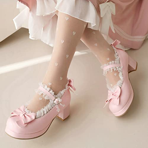 Image of LUXMAX Women Kawaii Mid Block Heel Mary Jane Rockabilly Pumps with Bow Platform Chunky Heel Cute Sweet Shoes