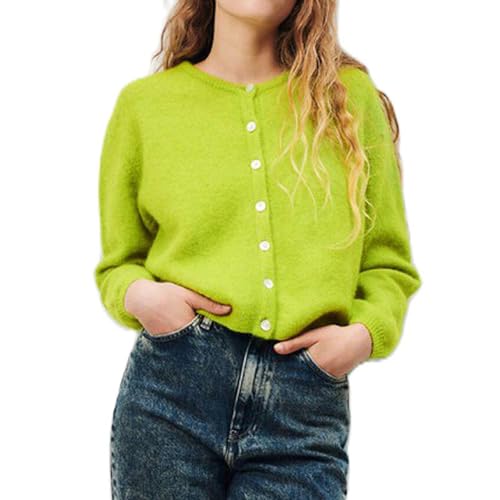 Image of Women Button Down Cardigan Long Sleeve Crewneck Sweater Vintage Lightweight Knit Jacket Fall Going Out Top