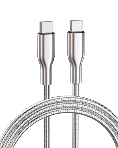 Image of Metal Braided USB-C to USB-C Cord Chew Proof - 6.6ft 60W PD Fast Charging & Data Sync, Stainless Steel Indestructible Tangle-Free Cat Dog Chew Proof Charger Cable for iPhone 17 16 Galaxy Pixel, Silver