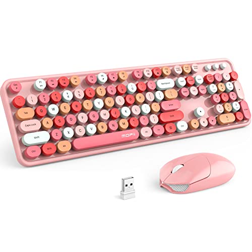 MOFII Wireless Keyboard and Mouse Combo, Pink Wireless Keyboard, 2.4GHz Retro Full Size with Number Pad & Cute Wireless Mouse for Computer PC Laptop Windows XP/7/8/10 (Pink-Colorful)