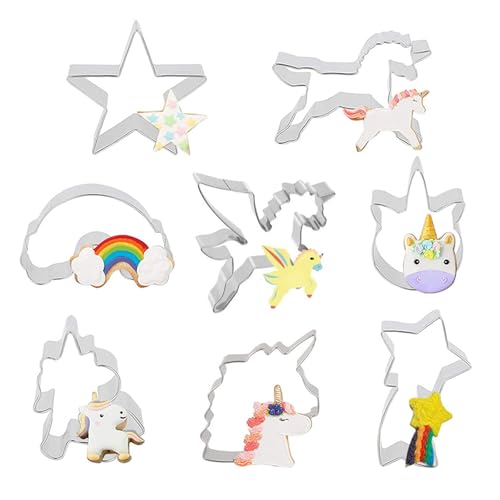 AYNKH 8 Pcs Unicorn Cookie Cutter Set - Stainless Steel with Rainbow, Meteor, Pony Shapes for Biscuits, Sandwiches, Cheese, Pancakes