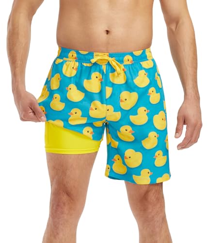 Tipsy Elves Men's Vacation Rubber Ducky Stretch Swim Trunks with Liner Size Large
