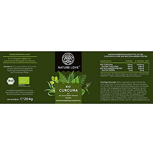 NATURE LOVE Bio Curcuma - 240 Kapseln - mit Curcumin aus Kurkuma und Piperin aus schwarzem Pfeffer - hochdosiert, vegan, laborgeprüft und in Deutschland hergestellt – Bild 8