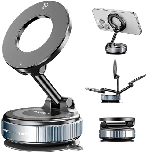 MUSEL Vacuum Magnetic Car Phone Holder, 360° Adjustable Suction Cup Dashboard Mount, Compatible with MagSafe iPhone 15/14/13/12, Compatible with Samsung & Android Smartphones, Car Interior Accessories
