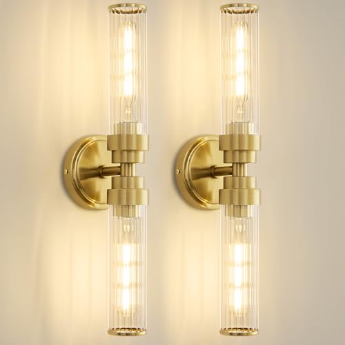 Image of Bathroom Light Fixtures, Gold Wall Sconce in Threaded Glass Vanity Lights 2 Pack, Modern Bathroom Vanity Light Up and Down Sconces Wall Lighting for Bathroom, Living Room - Bulb Not Included