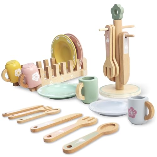 Image of Play Dishes for Kids Kitchen, Wooden Play Kitchen Accessories, Play Plates and Cups for Kids Kitchen , Play Kitchen Dishes for Toddlers Boys and Girls 3 4 5 6