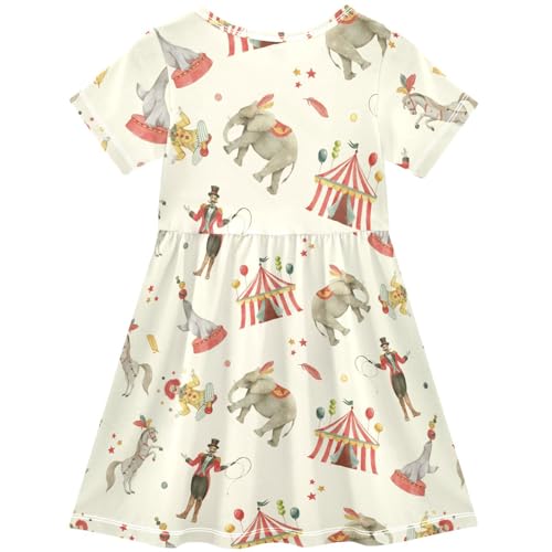 Pigsaly Girls Short Sleeve Dress Watercolor Circus Animals Girls Summer Dress Clown Tent Playwear Dresses 4T Multicolor2