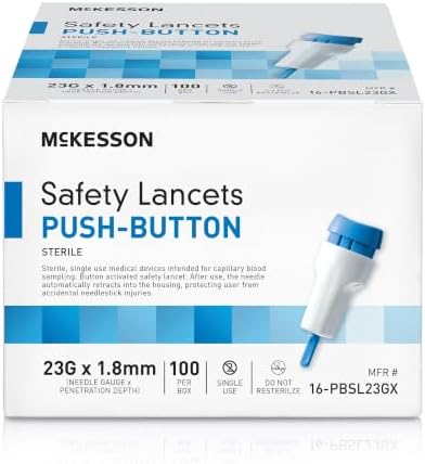 McKesson Lancets for Diabetes Testing [100 Count] Lancing Device for Blood and Glucose Test, 23G x 1.8 mm, Push Button Activation, Sterile, Single Use