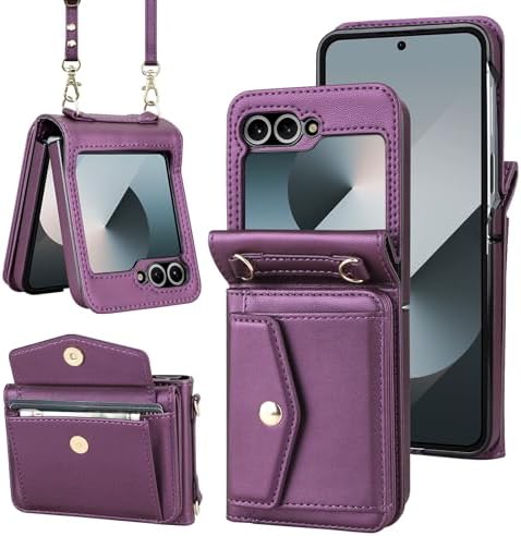 Vofolen for Samsung Galaxy Z Flip 6 Case with Card Holder Slot Crossbody Wallet Cover with Adjustable Strap Magnetic Closure Soft PU Leather Protective zflip6 Phone Purse for Women Girls, Purple