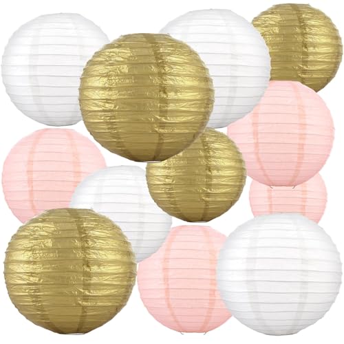 LOLYSIC Lot de 27 Lanternes en Papier Colorées Tailles Assorties, Lampion Papier Boule Chinoise Or Blanc Cassé Rose Pêche pour Décoration Mariage et Fête