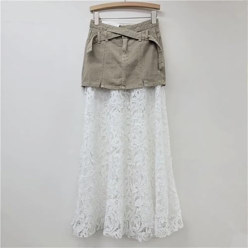 Womens Mid Length Denim Skirt with Lace Patchwork Slimming Denim Skirt Flowy Breathable Style4