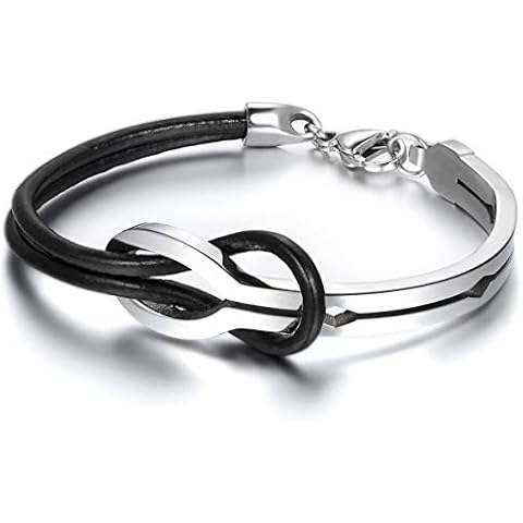 JewelryWe Mens Womens Leather Stainless Steel Bracelet, Infinity Love Sign Cuff Bangle, Black Silver Cover