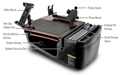 Image of AutoExec AE-GMCD-PM-PS-TAB-21M GripMaster Car Desk for Your Vehicle Workstation and Mobile Office, Mahogany with Phone Mount, Printer Stand and Tablet Mount | Phone Mount, Printer Stand, Tablet Mount, Vehicle Workstation, Mobile Office