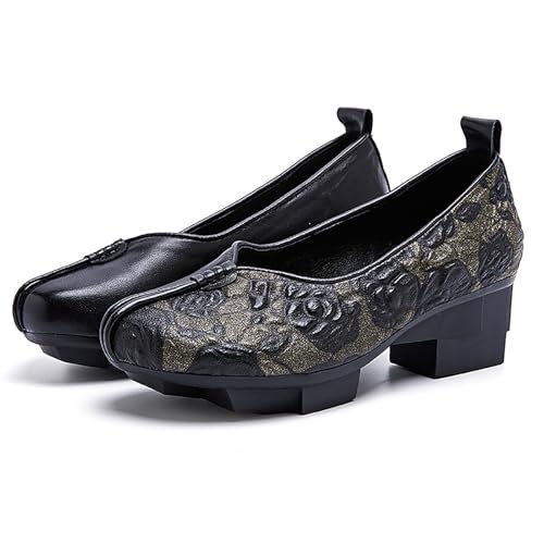 Women's Genuine Leather Printed Chunky Heel Pumps Comfortable Non Slip Slip On Low Block Heel Casual Mam Loafers Vintage Flowers Traveling Walking Work Shoes
