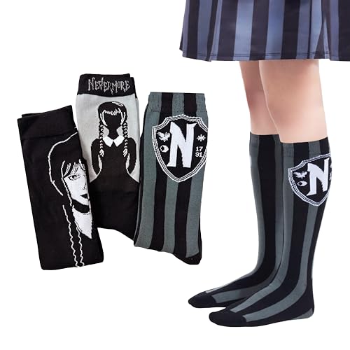 Mad Engine Wednesday Addams Nevermore Crew Knee Socks Gift Set with Coffin Shaped Gift Box for Girls/Kids to Young Adult - 3 Pairs