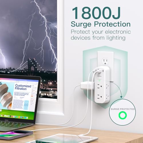 Image of Addtam 30W USB C Outlet Extender Surge Protector, Rotating Plug | 6 AC Outlets Splitter, 4 USB Ports (2 USB-C), 1800J Wall Mount Power Strip, 3-Side Multi Plug for Dorm, Travel Essentials