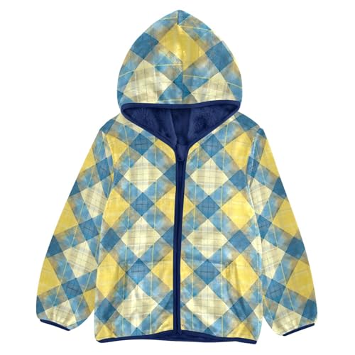 Yellow Blue Buffalo Plaid Boys Fleece Coat,Children's Zip-Up Hoodie Jacket,Baby Warm Fashion Outerwear 3-10T,A113360