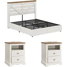 AMERLIFE 3 Piece Bedroom Set Including Farmhouse Queen Size Bed Frame with 4 Drawers, Nightstands Set of 2 with Charging Station for Bedroom, White