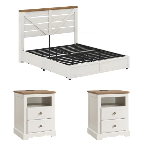 AMERLIFE 3 Piece Bedroom Set Including Farmhouse Queen Size Bed Frame with 4 Drawers, Nightstands Set of 2 with Charging Station for Bedroom, White