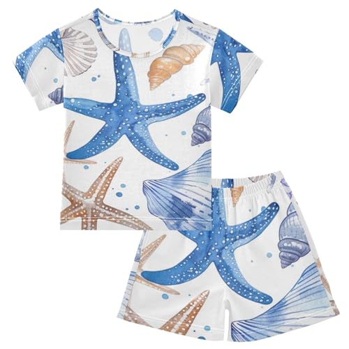 Summer Pajama Set Colorful Sea Starfishes Shells, Short Sleeve Sleepwear Nightwear