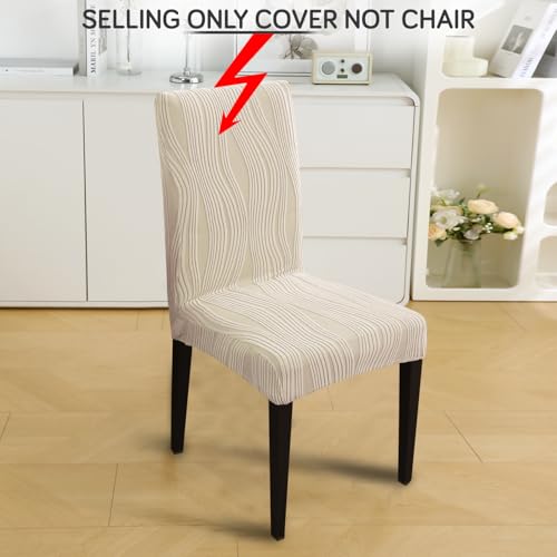 Image of HOKIPO 200 GSM Premium Knitting Jacquard Elastic Dining Table Chair Cover Set of 2, 'Nestiva Series' Skimmed Cream (AR-6072-CRM)