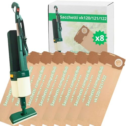 NAMAI - Set di 8 Sacchetti Folletto VK 120/121/122, Ricambi Compatibili, Carta Resistente, Antibatterici, Sacchi Folletto (8 Sacchetti)