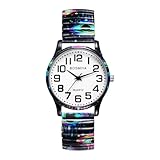 OIDEA Halloween Elastic Watches for Women Men: Evil Eye Decoration Big Number Easy Reader Analog Quartz Stretch Band Watch Stainless Steel Expansion Band Ladies Wristwatch