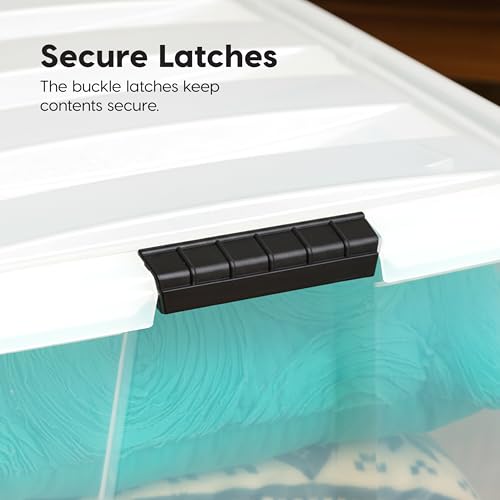 Image of IRIS USA 94 Qt Stackable Plastic Storage Bins with Lids, 4 Pack - BPA-Free, Made in USA - See-Through Organizing Solution, Latches, Durable Nestable Containers, Secure Pull Handle - Clear /White