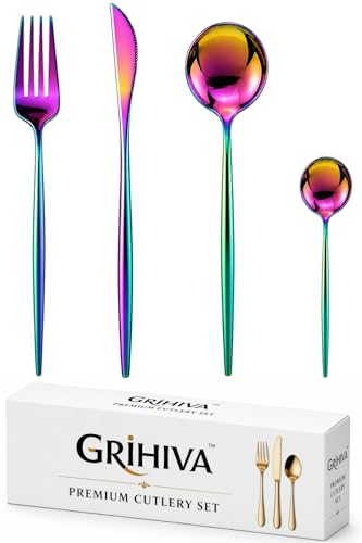 Image of 4 Pcs Rainbow Slim Handle Stainless Steel Cutlery Set for Dining Table with Spoon and Fork Set & Butterknife - The Perfect Tableware /Flatware