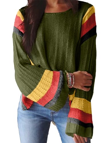 Image of Dokotoo Womens 2026 Spring Summer Casual Crewneck 3 /4 Sleeve Striped Lightweight Knit Trendy Boho Tops Pullover Sweaters